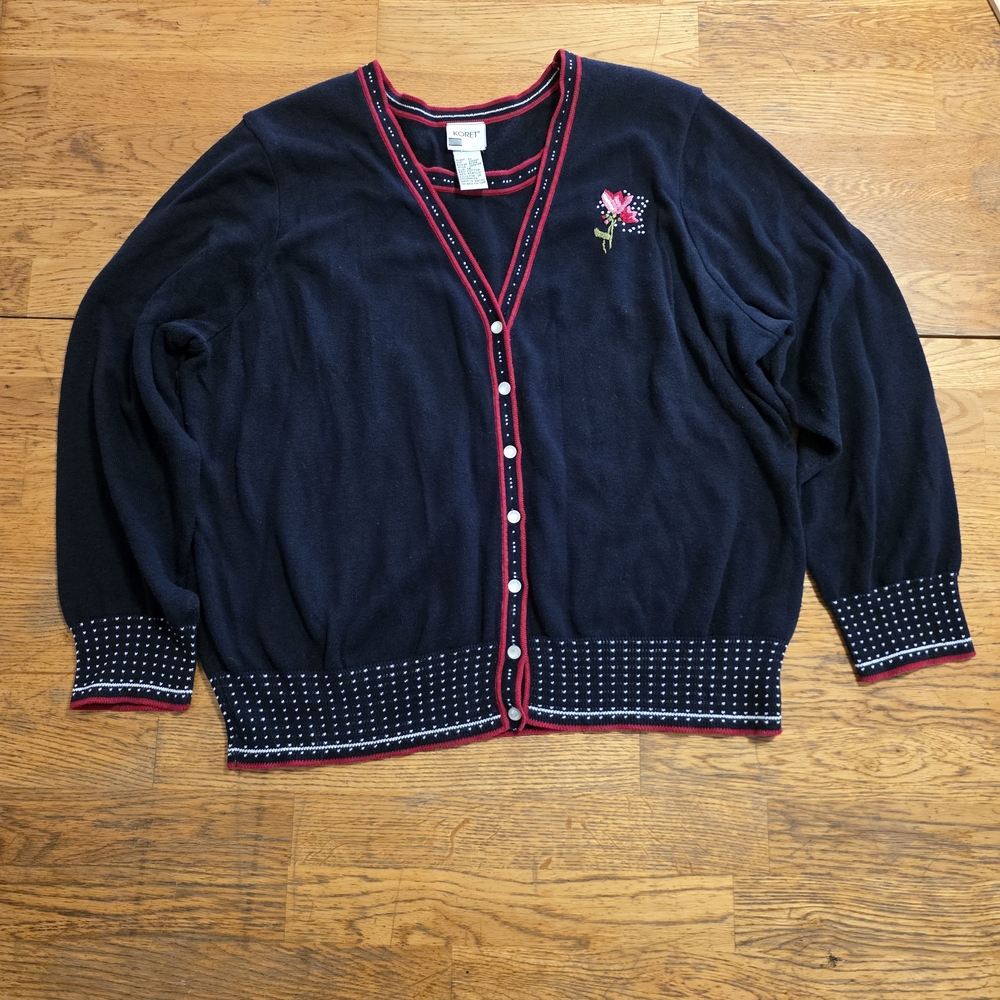 Vintage Embroidered Romantic Floral Grandmacore Cozy Navy Blue Koret Sweater